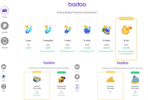 Capture d’écran des tarifs de Badoo