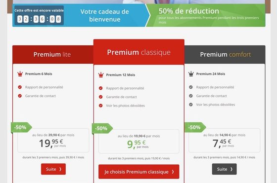 Capture d’écran des tarifs de Parship
