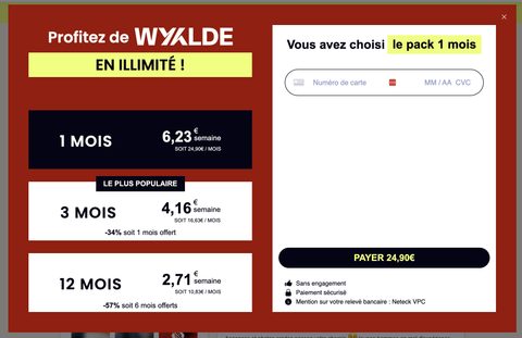 Capture d’écran des tarifs de Wyylde
